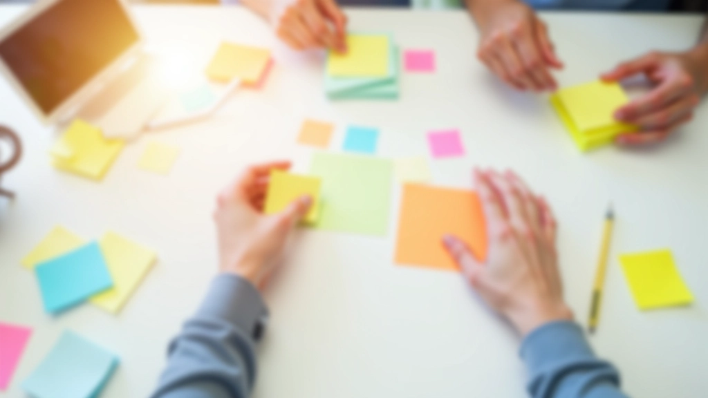 Close-up of hands arranging colorful sticky notes and planning cards on desk, brainstorming session, creative workspace with bright natural light, organized chaos
