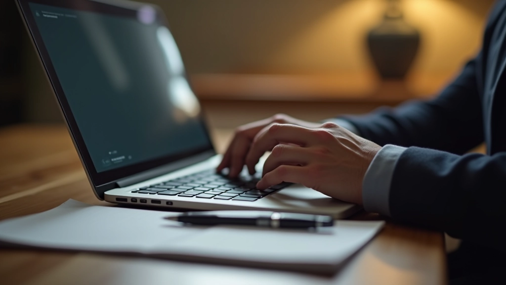 Hands writing notes on laptop keyboard, workspace with notebook and pen, learning and development environment, warm desk lighting