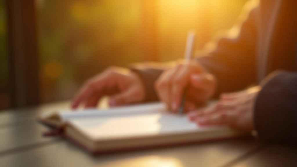 Close-up of hands writing in a journal with morning sunlight, warm natural lighting, focused moment of reflection