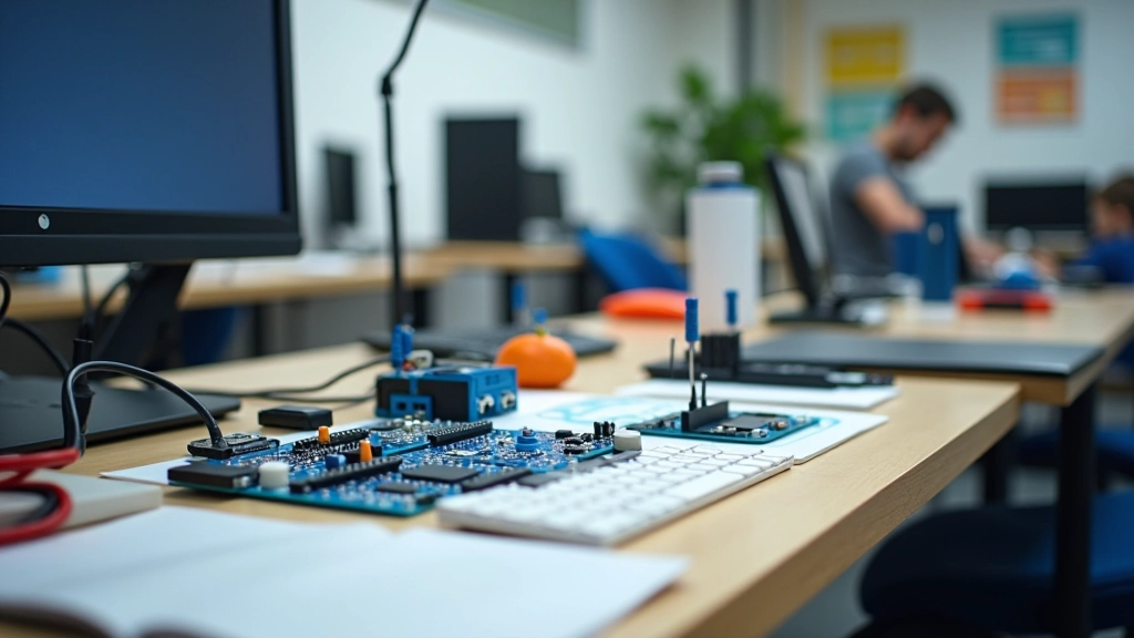 Robootika laboratoorium koos elektroonikakomponentide, mikrokontrollerite ja testaalused laual