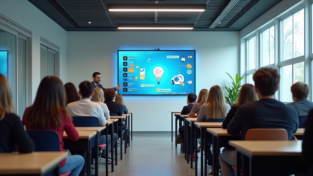 Nutika klassiruumi interiöör interaktiivse tahvliga, kaasaegne õpikeskkond