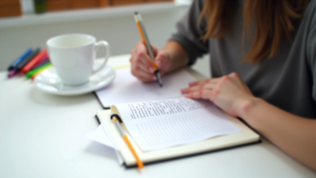 Open journal with handwritten goals and planning notes, surrounded by markers and coffee cup on light background