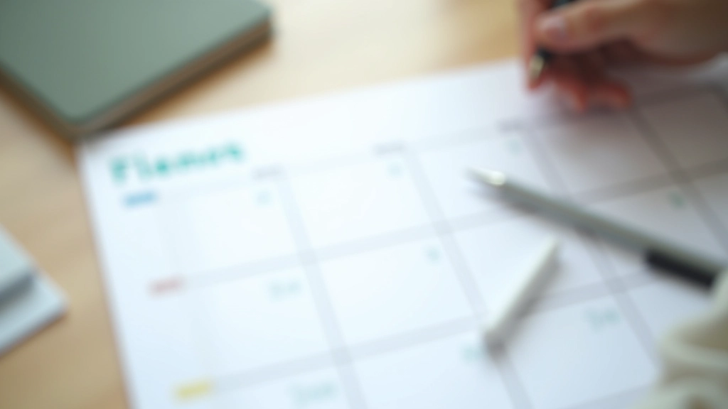 Calendar or planner showing scheduled activities and milestones, organized planning visible, clean desk setup