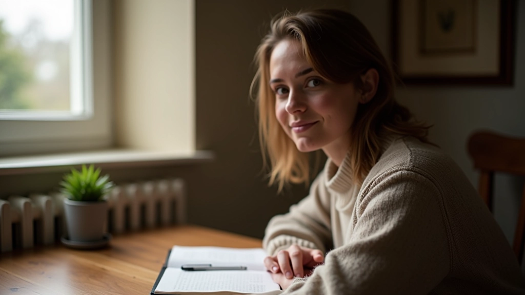 Person sitting at wooden desk with journal, pen, and coffee cup, morning natural light streaming through window, thoughtful planning moment