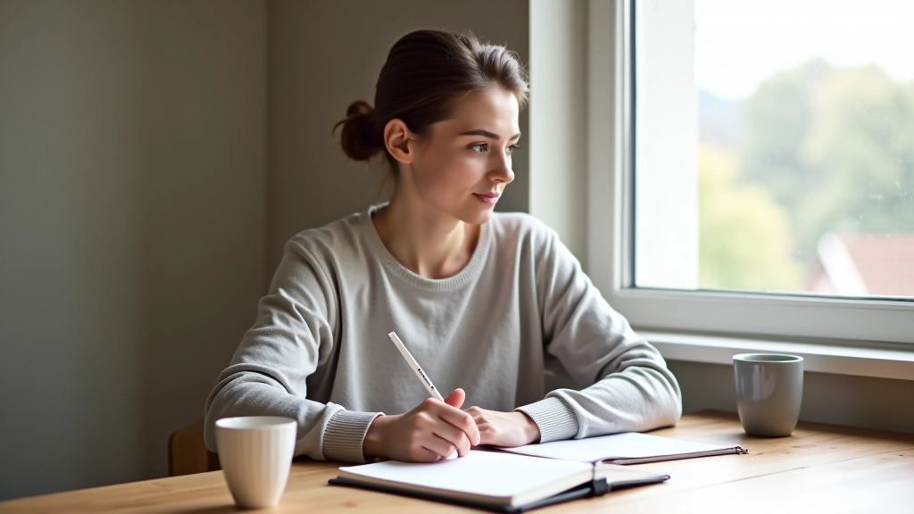 Person sitting at wooden desk with journal and morning coffee, natural light from window, focused and peaceful study environment