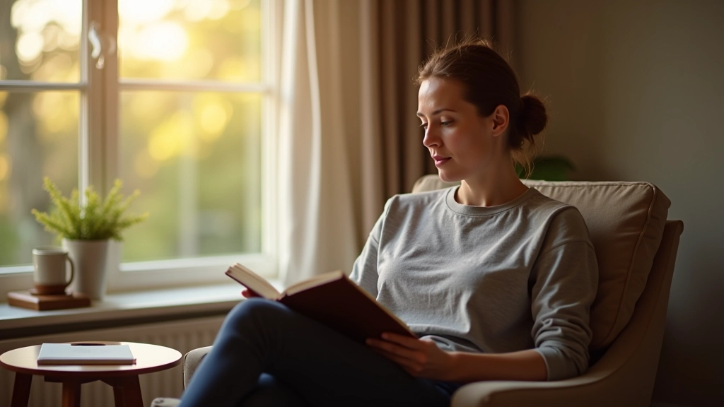 Person sitting in modern armchair reading book with journal nearby, warm natural lighting, cozy home interior, peaceful reading environment, focused expression