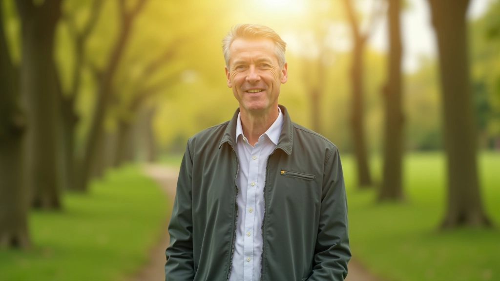 Person standing outdoors in park during morning light, peaceful natural setting with trees and grass, grounded stance, calm expression looking toward horizon