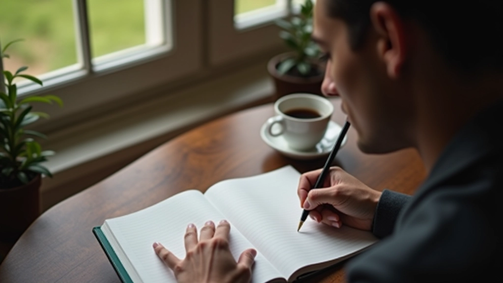 Person writing in notebook at wooden desk with coffee, natural morning light from window, focused on goal planning