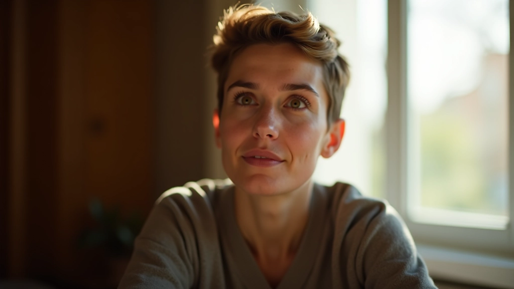 Person in moment of reflection, looking thoughtful by window, natural lighting, contemplative pose, indoor setting