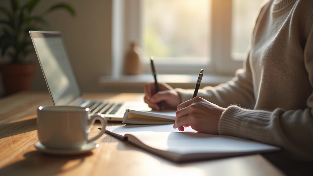 Person sitting at wooden desk with notebook, pen, and morning coffee, natural light from window, focused study space