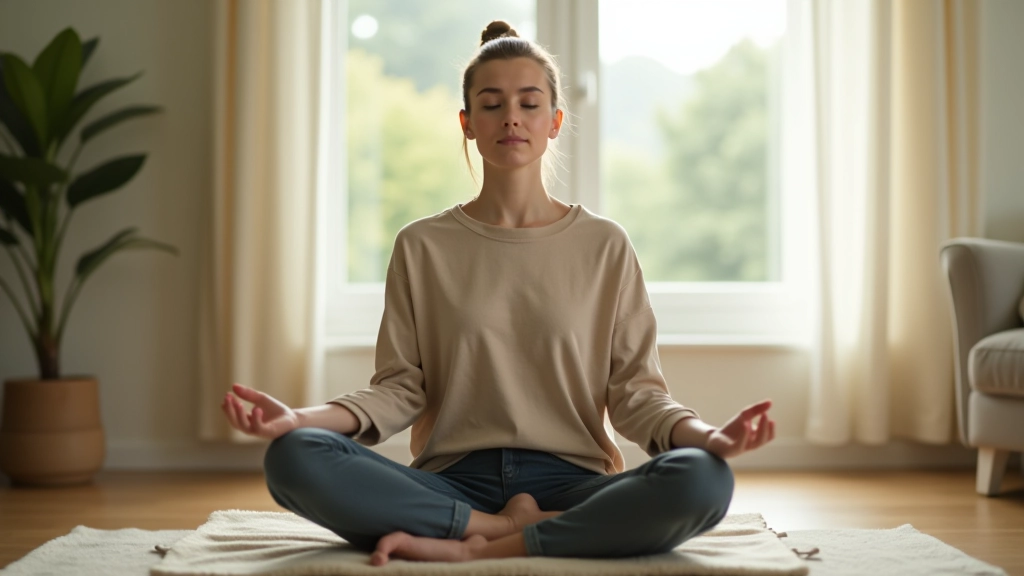 Person meditating in bright living room, sitting peacefully on cushion near window with natural sunlight, calm peaceful environment
