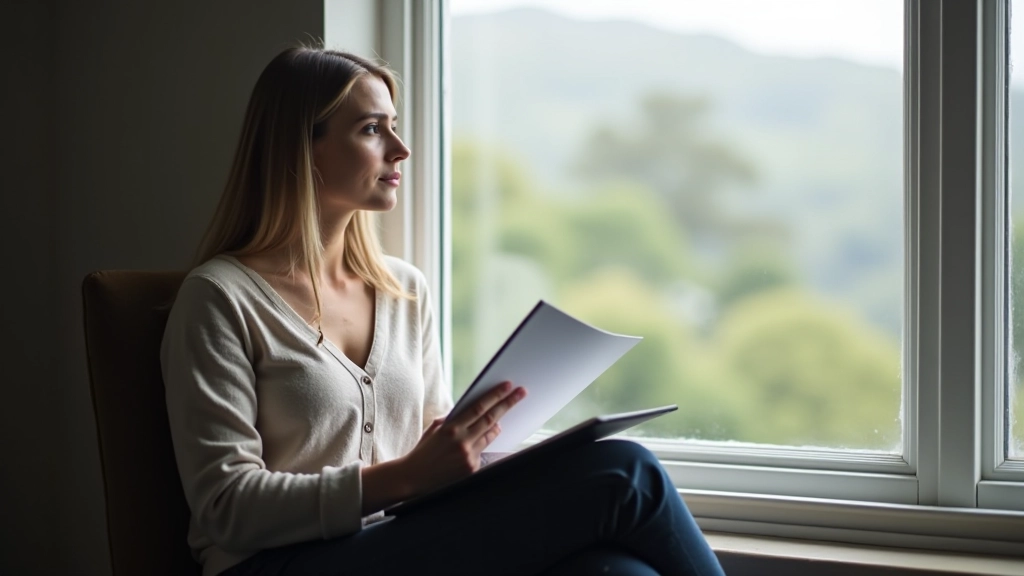 Person in comfortable clothing sitting by a window with notebook, contemplative expression, natural lighting, peaceful indoor space