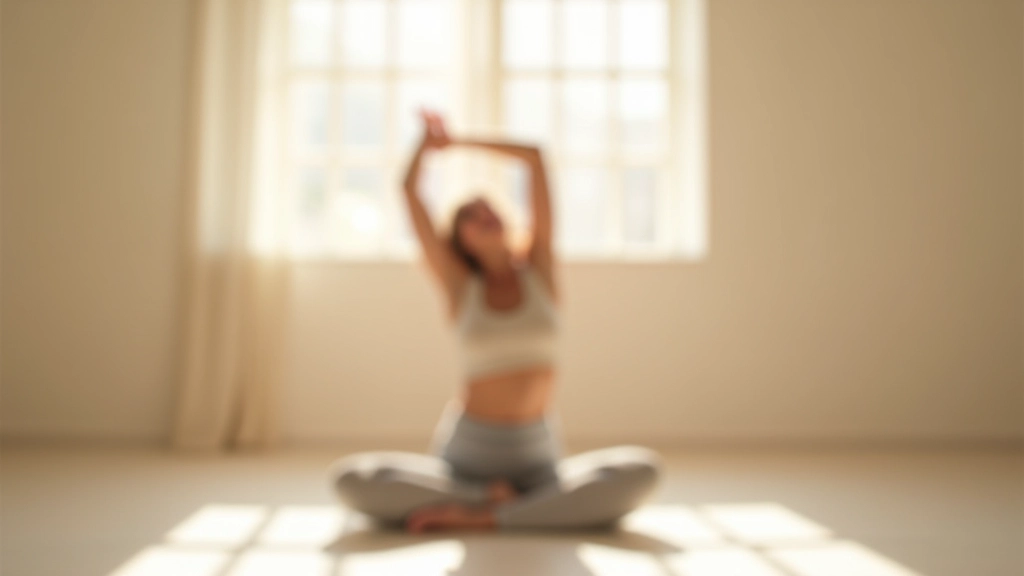 Person stretching indoors with natural light from window, peaceful yoga-like pose, bright studio space, full-body shot