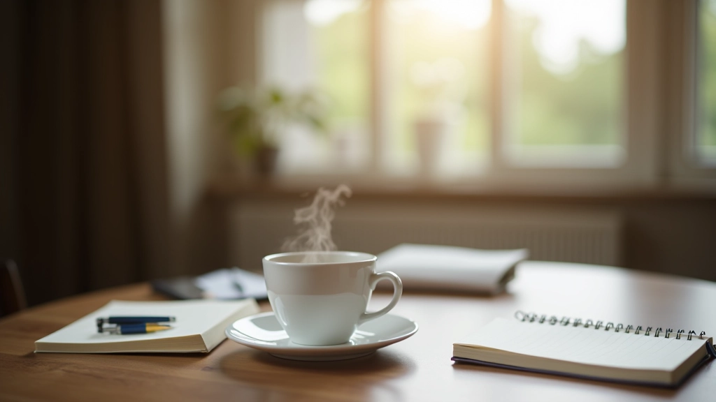 Peaceful morning scene with steaming coffee cup on wooden table, journal nearby, window with soft daylight, calm morning routine