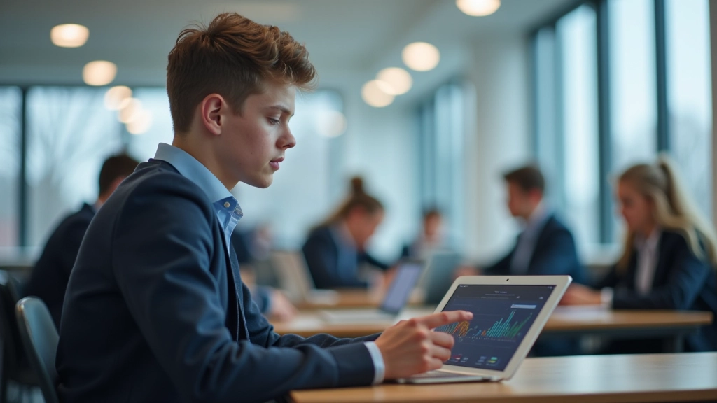 Õpilane vaatab tahvelarvutil oma progresstandmeid ja õppematerjalide tulemusi