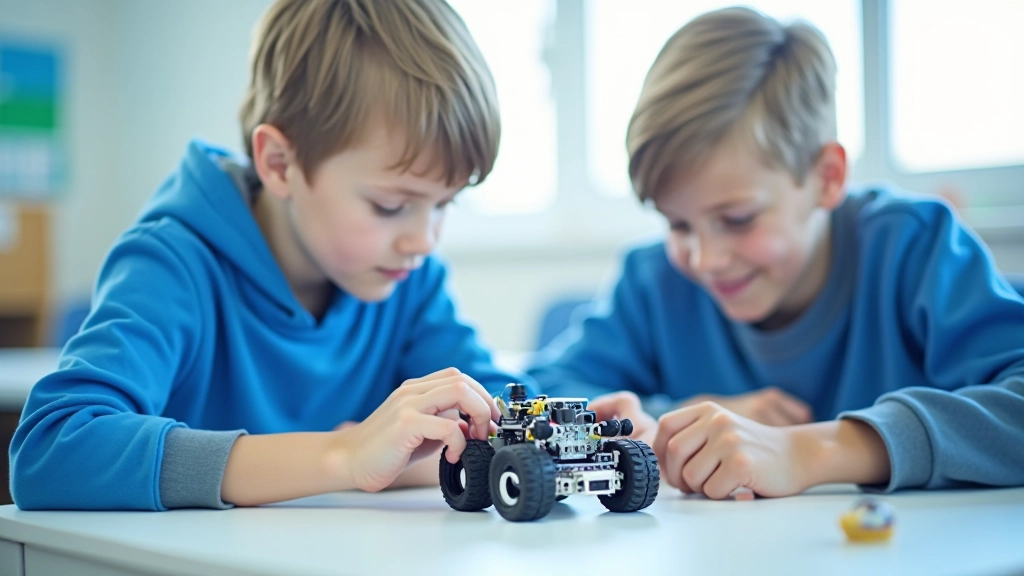 Õpilased töötavad robotiga arvutiklassis, sinine ja valge värvimine