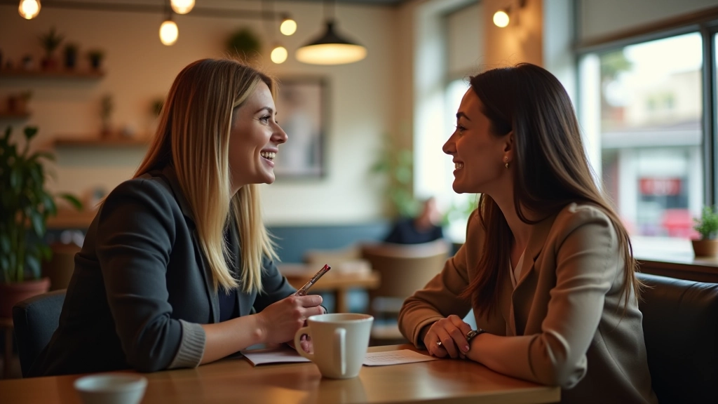 Two people having conversation over coffee in bright cafe setting, warm natural lighting, genuine interaction moment