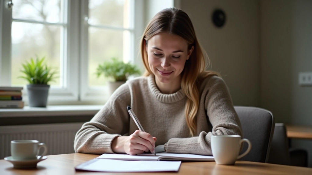 Person writing in notebook at wooden desk with coffee cup, morning natural light from window, focused on journaling, clean minimalist workspace