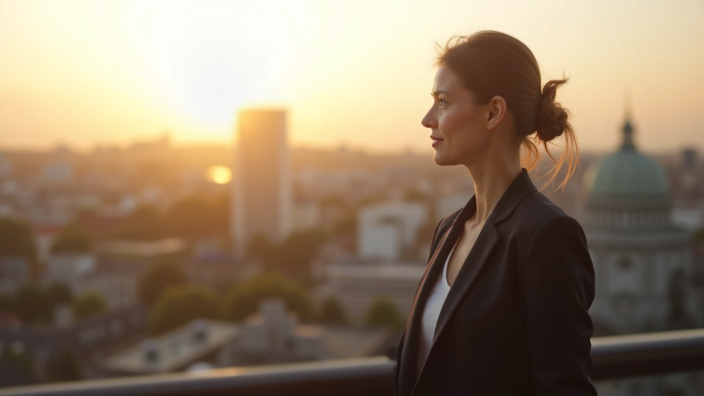 Woman in professional attire looking confidently toward horizon on balcony overlooking city, morning light, future-focused moment